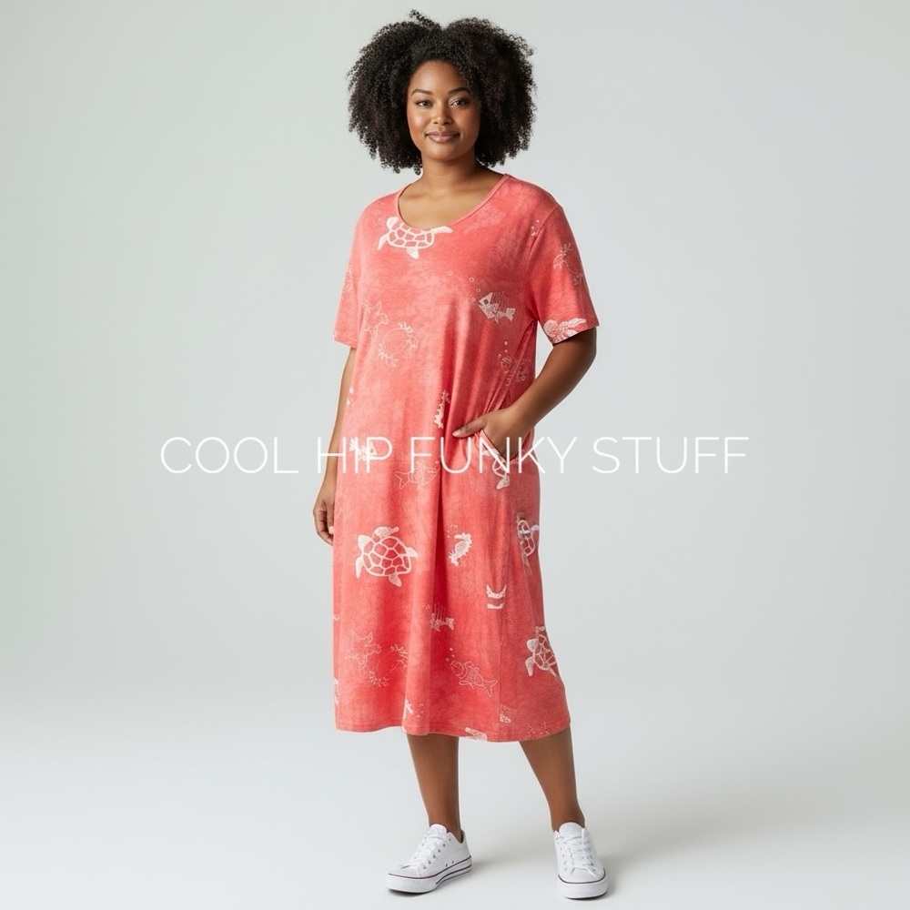 COCONUT BAY Vintage Dress T-Shirt Midi Tropical Beachy Coastal Cruise Pink 22-24